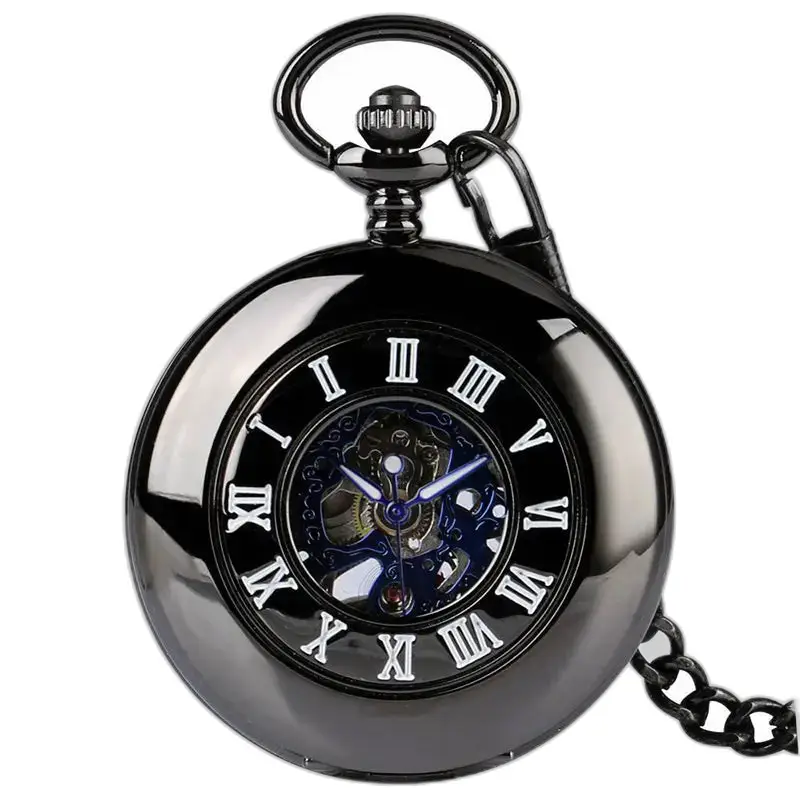 Montre à Gousset Noire Moderne Chic avec chiffres romains élégants et design raffiné