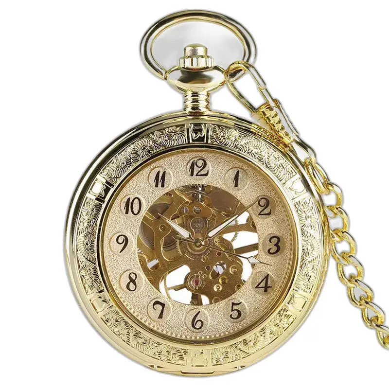 Montre à gousset Royauté mécanique luxe or avec engrenages visibles et chaine