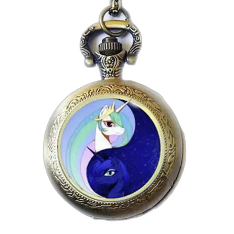 Montre collier Licorne Bronze et Or avec design yin-yang de licorne en bronze