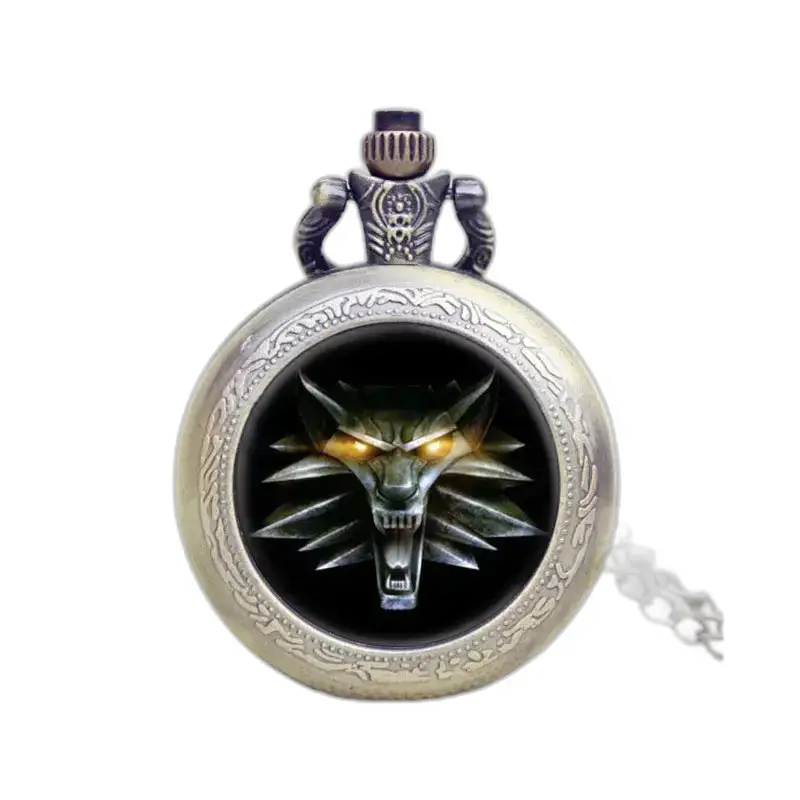 Montre Collier Metallique Loup à Gousset Bronze avec clapet protecteur orné de loup