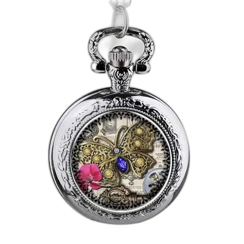 Montre collier Papillon avec pierres précieuses, montre pendentif en argent
