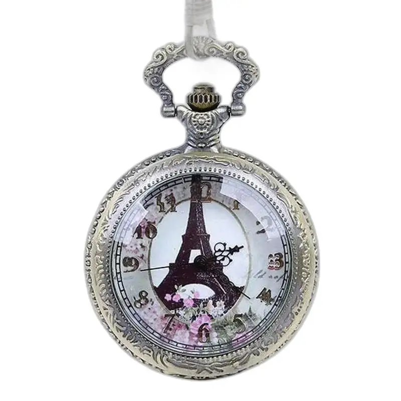 Montre Collier Paris avec Cadran Analogique Fleurs et Tour Eiffel en montre poche