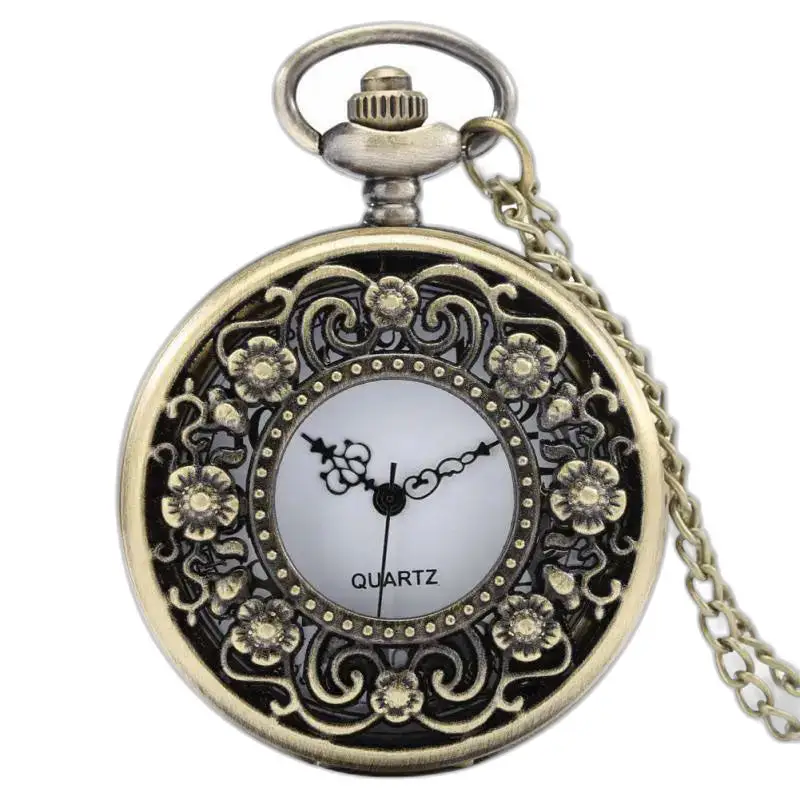 Montre Collier Rétro Fleur Vintage en bronze ornée avec chaîne élégante