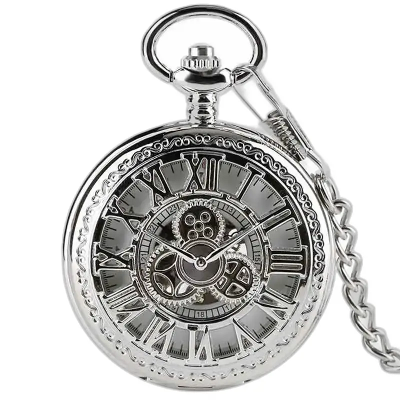 Montre de Poche à Gousset Luxe Diamant D’argent avec chaîne, design squeletté élégant