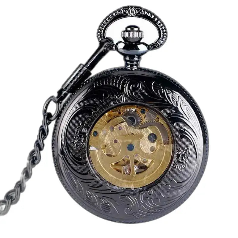 Montre de Poche à Gousset Steampunk Rhodium avec un design orné en noir