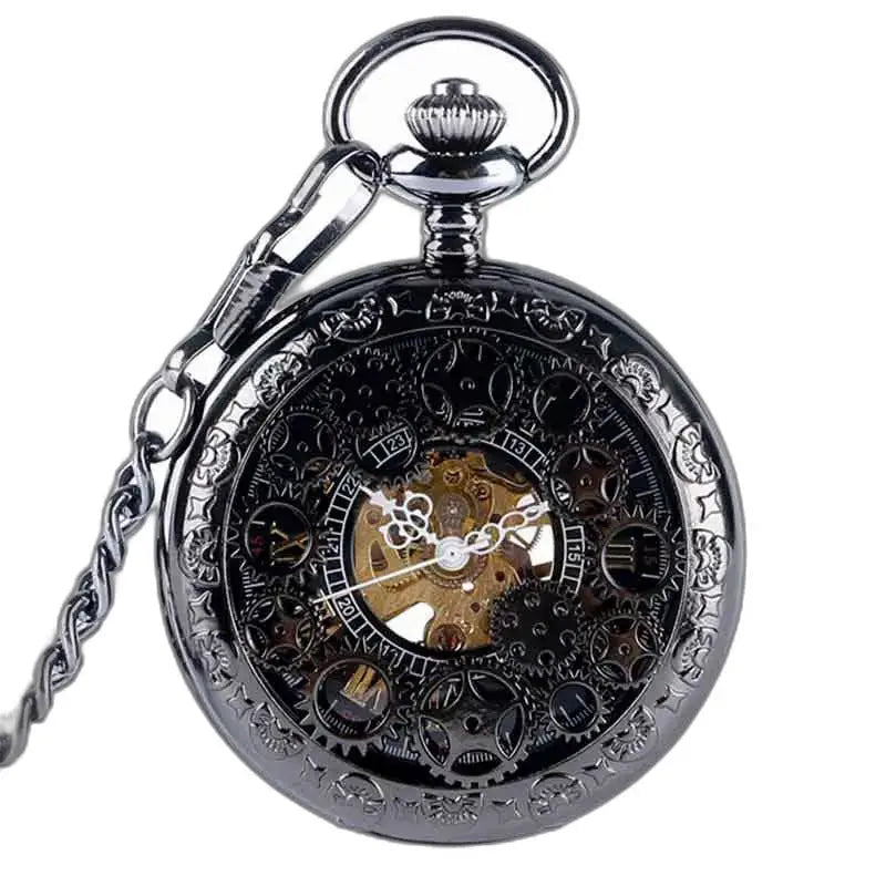 Montre gousset steampunk avec mécanisme visible et chaîne noire élégante