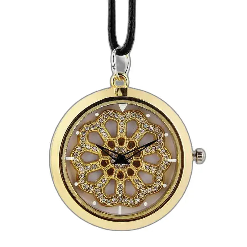 Montre Pendentif Femme Chic Dorée avec design floral en pierres précieuses