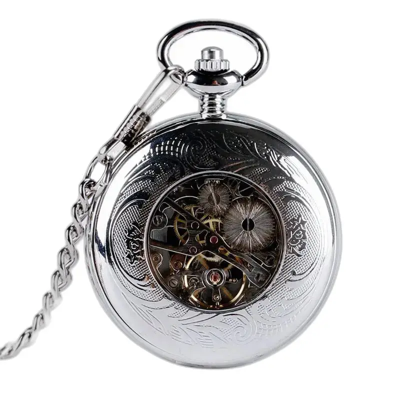 Belle montre à gousset mécanique argent avec gears visibles et remontage manuel