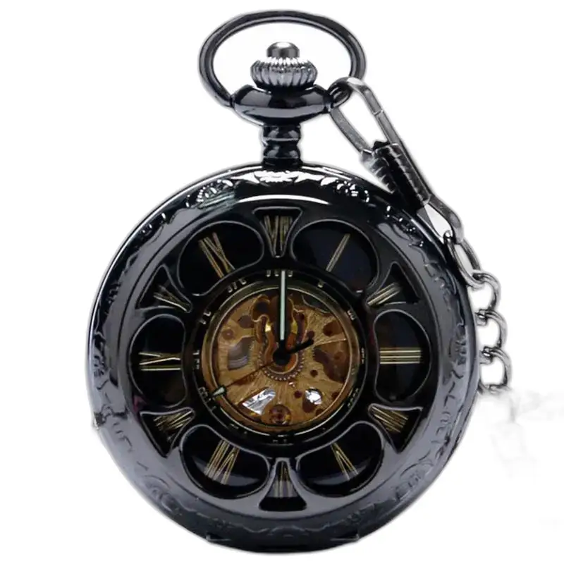 Montre à gousset Demi Chasseur Mécanique Chic avec chaîne et cadran noir élégant
