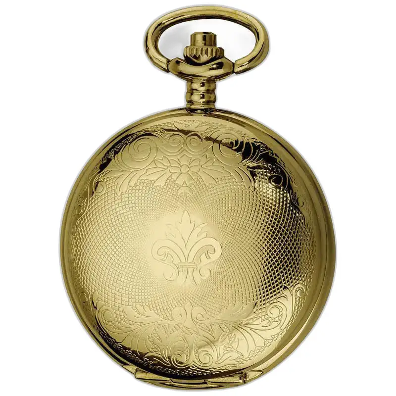 Montre à gousset or avec gravures florales et fleur-de-lis en ton doré