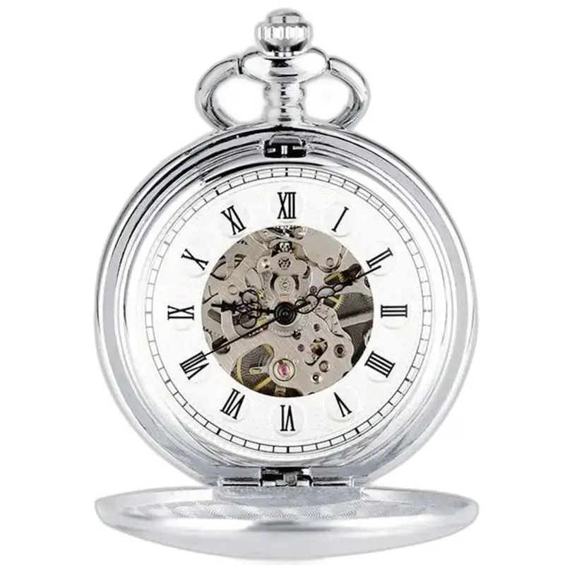 Montre à gousset Double Clapet Chic Moderne avec chiffres romains sur fond argenté