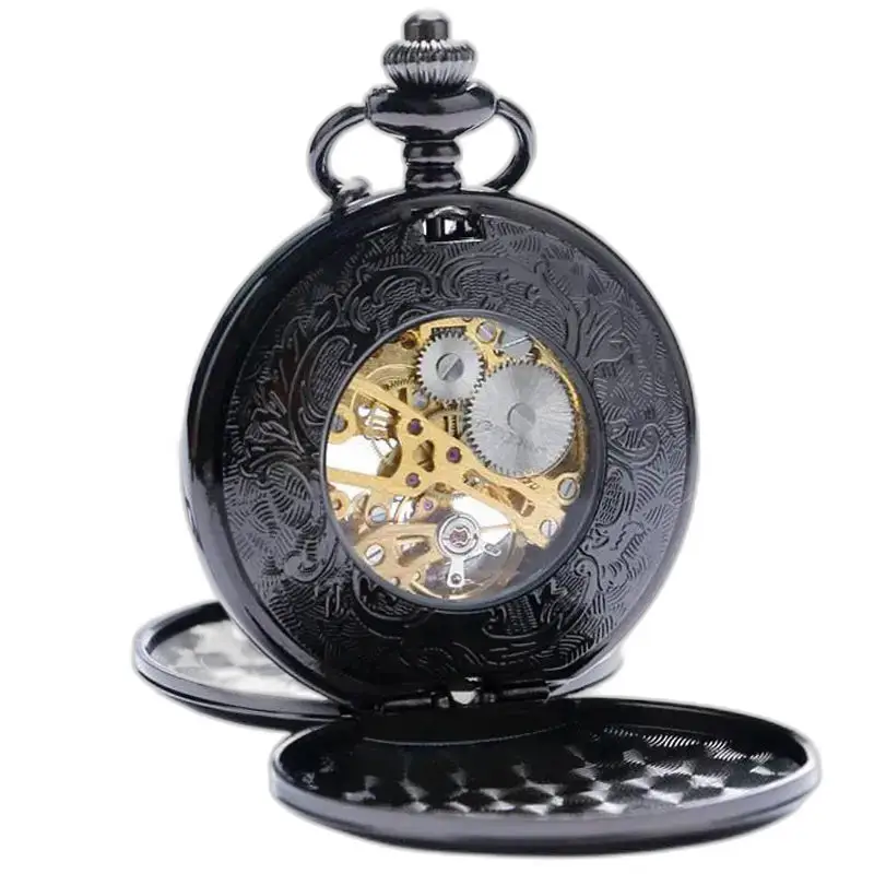 Montre à Gousset Double Demi Chasseur Noire, élégant chronomètre mécanique noir