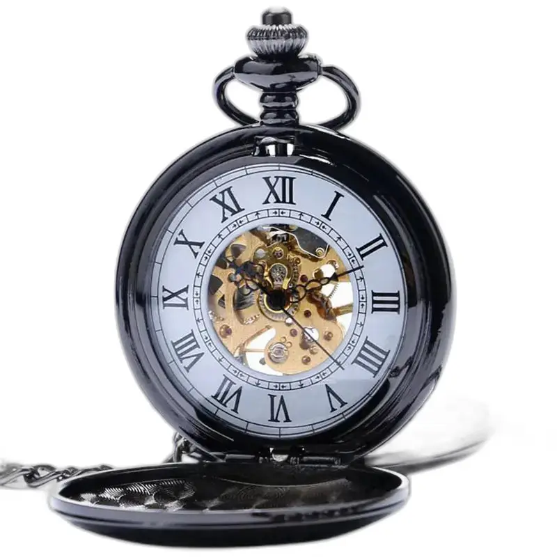 Montre à gousset Double Demi Chasseur Noire avec mécanisme visible en détail