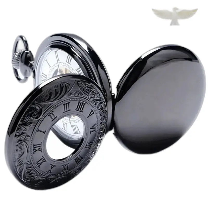 Montre à Gousset Double Demi Chasseur Noire avec couvercle ouvert, style élégant