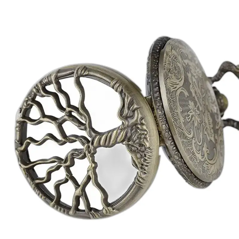 Montre à gousset femme collier vintage en bronze avec motif arbre de vie orné