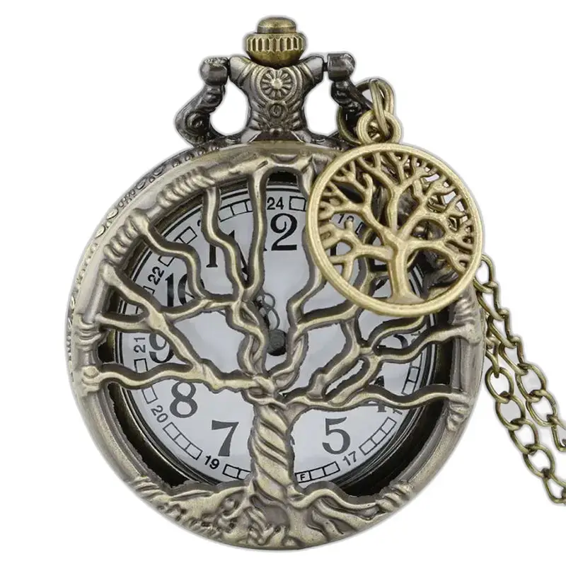 Montre à gousset femme collier vintage avec design d’arbre en bronze