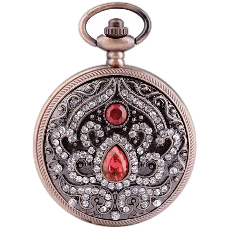 Montre à gousset élégante avec cadran blanc et pierres émeraude en rouge et clair