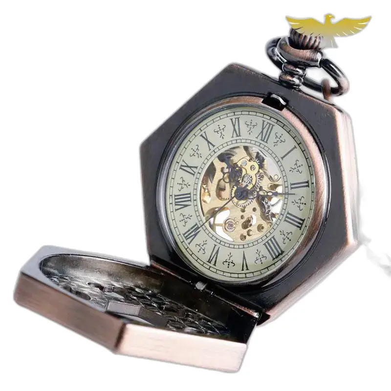 Montre à gousset Hexagone Luxe bronzée ouverte, élégante pour homme et femme