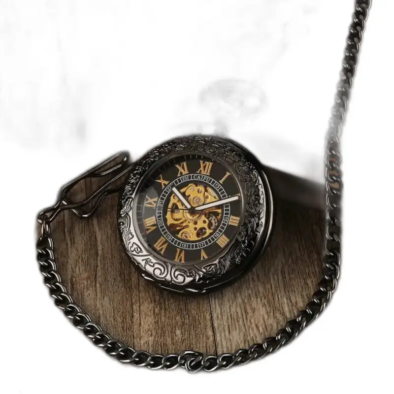 Montre à Gousset Iridium Automatique Steampunk Noir avec chaîne, modèle poche iridium automatique