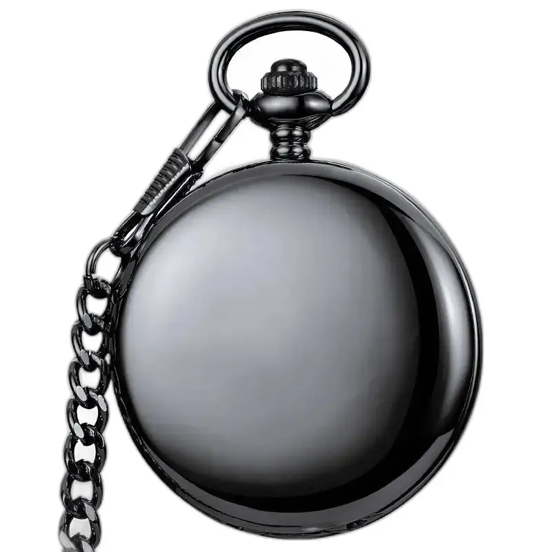 Montre à Gousset Lisse Mécanique Argent Classique avec une chaîne et un cadran noir