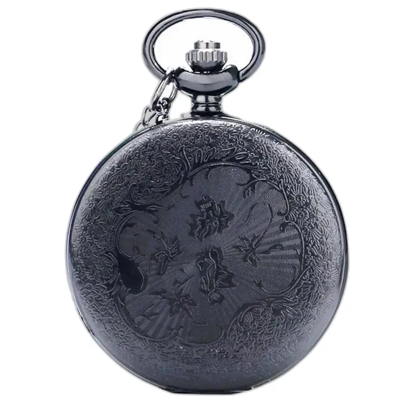 Montre à gousset luxe argent noir avec chiffres romains et motif floral gravé