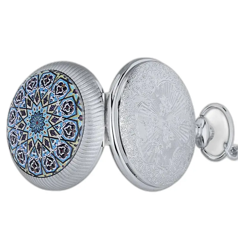 Montre à gousset luxe argenté avec motifs pour collier tournant émeraude homme femme