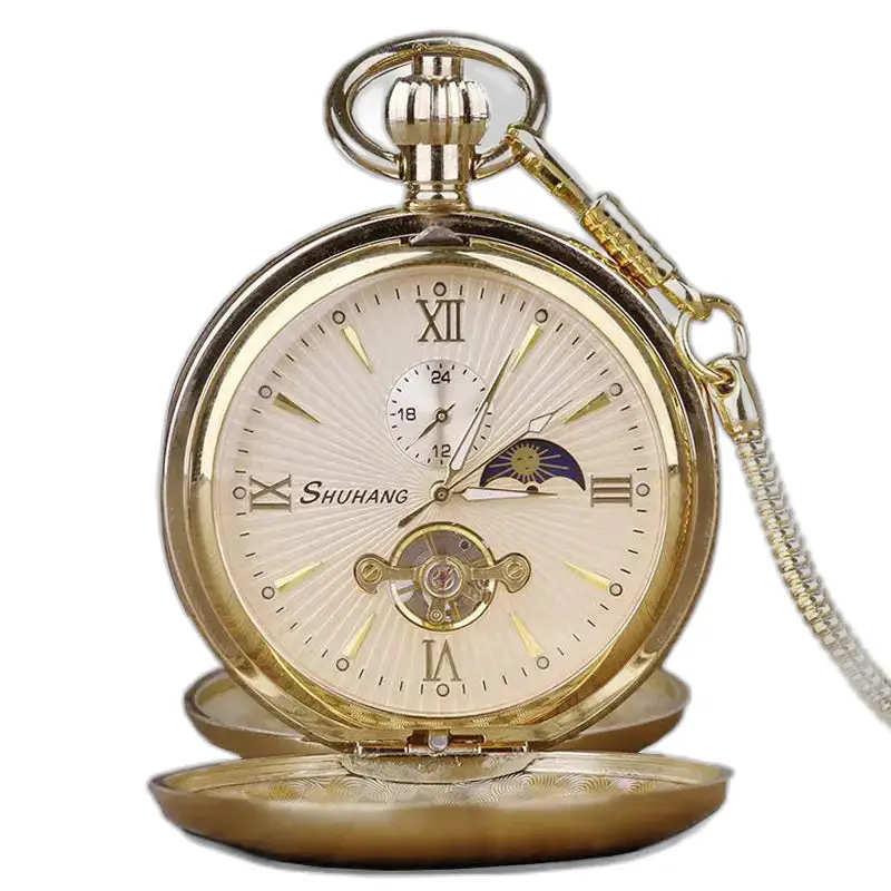 Montre à gousset Luxe Double Clapet Or avec chaîne et phase lunaire élégante