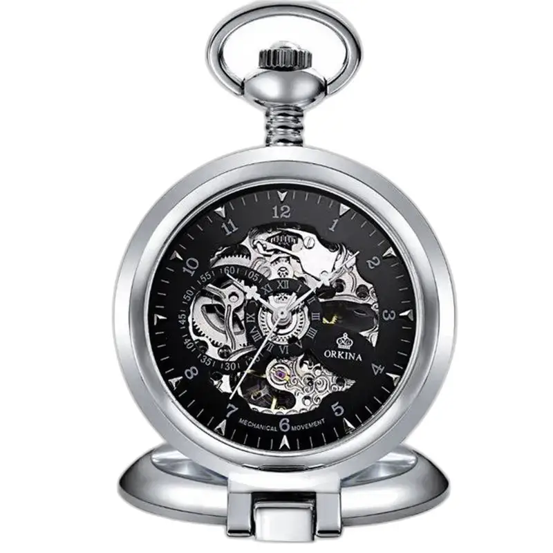 Montre à gousset Luxe Marque Orkina Argent avec mouvement mécanique en détail