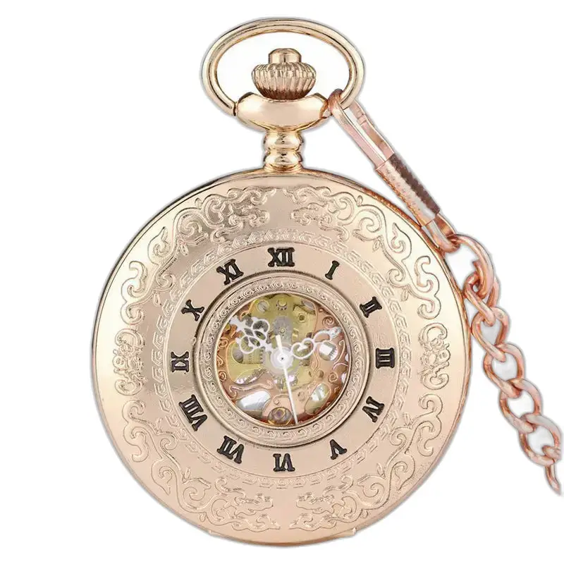 Montre à gousset Luxe Or Rose avec index à chiffres romains et chaîne ornée