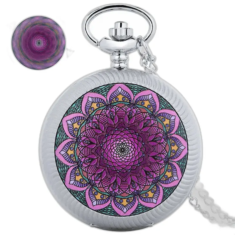 Montre à gousset Luxe Or Rose avec boîtier fleuri et design mandala en argent