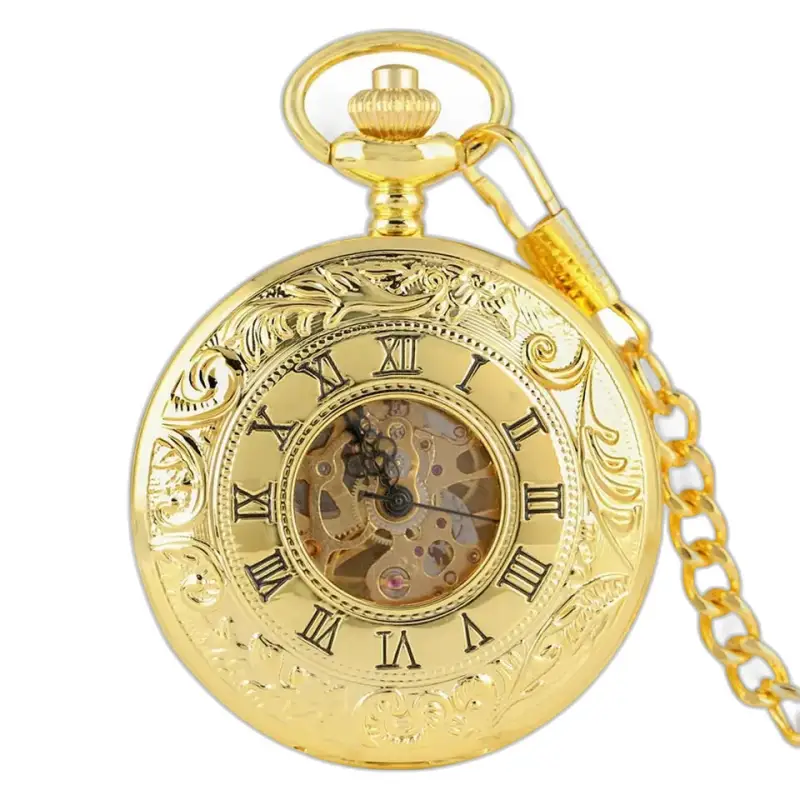 Montre à gousset luxe squelettique or avec chiffres romains et chaîne ornée