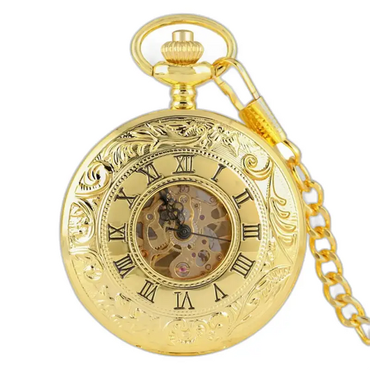 Montre à gousset luxe squelettique or avec chiffres romains et chaîne ornée