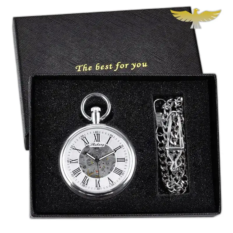 Montre à Gousset Mécanique Argent avec Cadran Ouvert dans un Coffret Cadeau