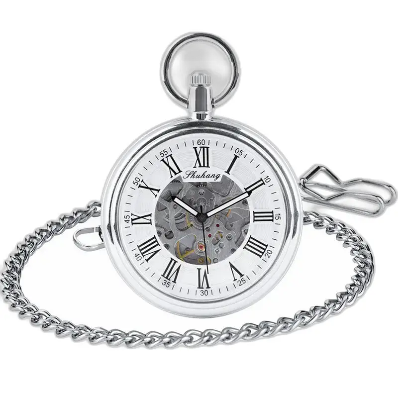 Montre à Gousset Mécanique Argent Cadran Ouvert avec chaîne, élégance intemporelle