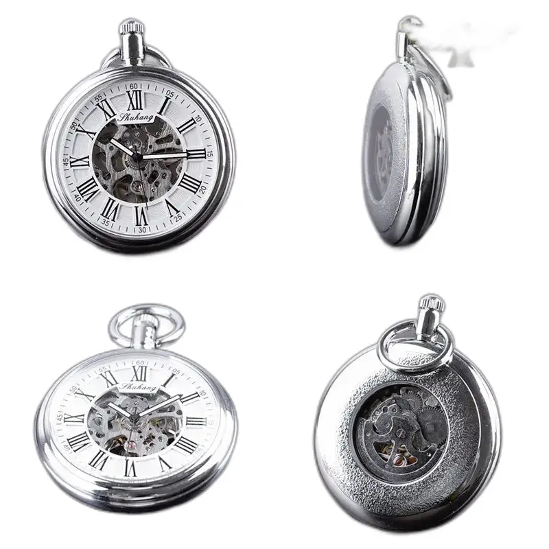 Montre à Gousset Mécanique Argent avec cadran ouvert et design argenté élégant