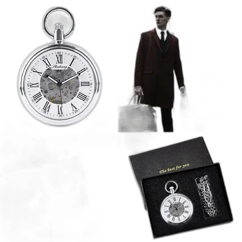 Montre à gousset mécanique argent avec cadran ouvert, présentée en coffret élégant