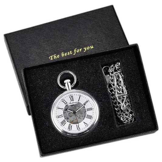Montre à gousset mécanique argent avec cadran ouvert dans un coffret cadeau