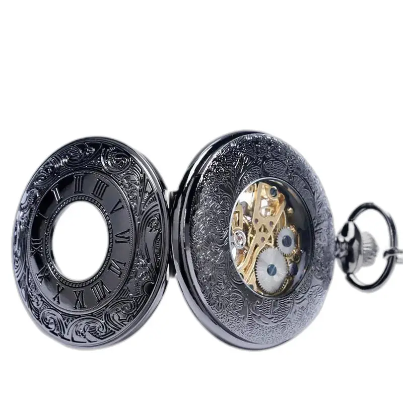 Montre à gousset Mécanique Black Metal Chic avec engrenages visibles en métal noir