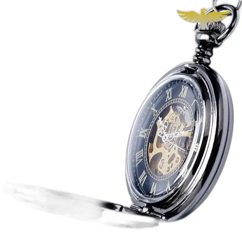 Montre à gousset mécanique Black Metal Chic avec charme de oiseau doré