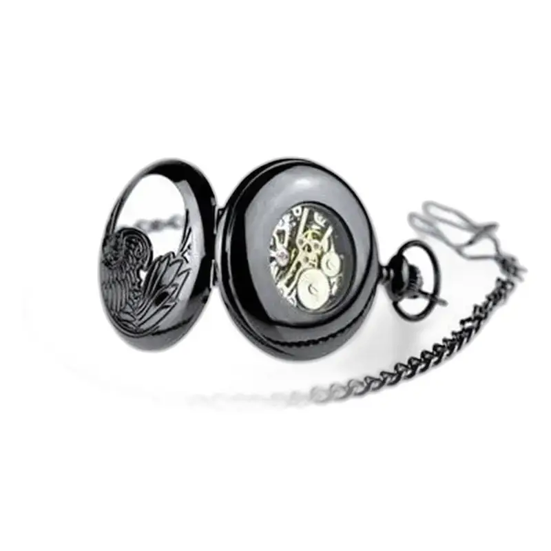 Montre à gousset mécanique Black Phenix avec clapet protecteur et chaîne élégante