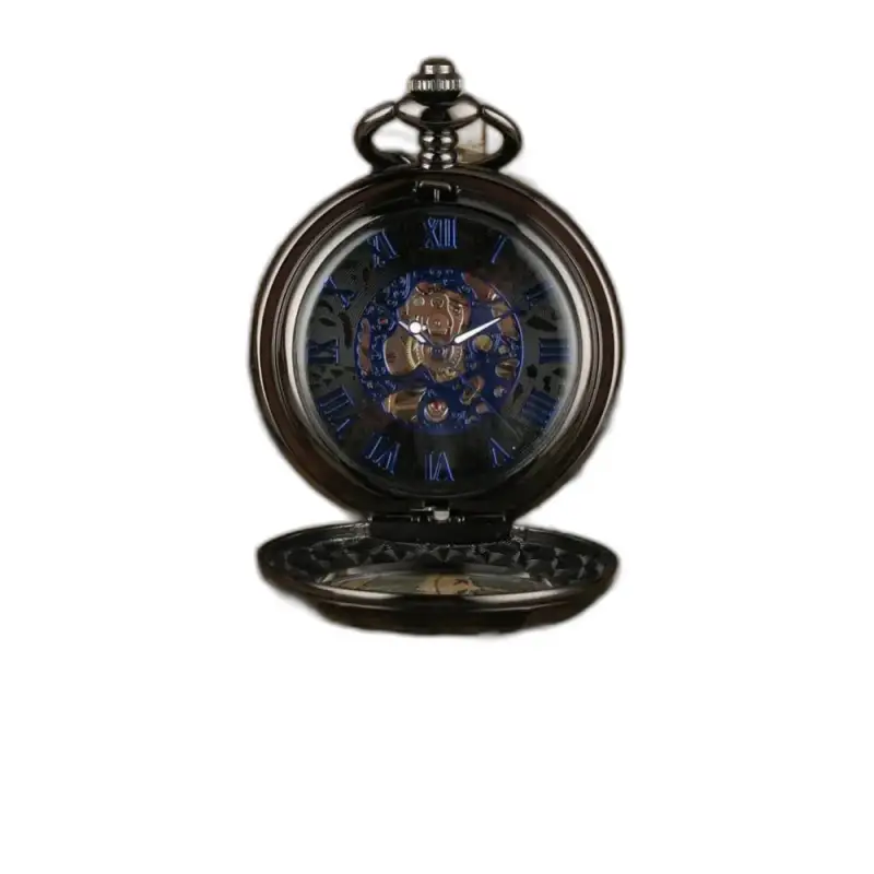 Montre à Gousset Mécanique Blue Venom Homme avec boîtier noir ouvert et détails élégants
