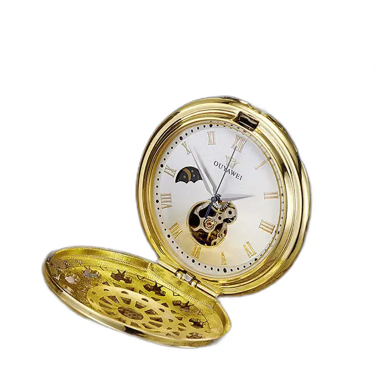 Montre à Gousset Mécanique Cadran Noir Chiffres Romains avec un élégant boîtier doré