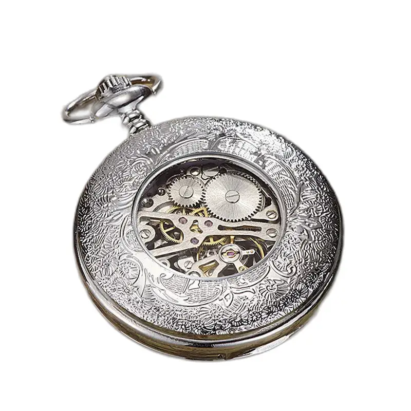 Montre à Gousset Mécanique Cadran Noir Chiffres Romains en argent brillant