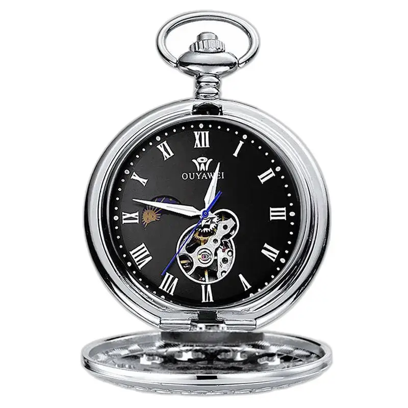 Montre à Gousset Mécanique Cadran Noir avec Chiffres Romains en argent