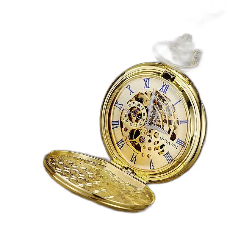 Montre à Gousset Mécanique Cadran Noir Chiffres Romains en or avec couvercle ouvert