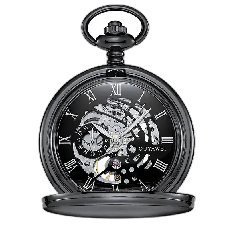 Montre à Gousset Mécanique Cadran Noir avec Chiffres Romains et squelette noir