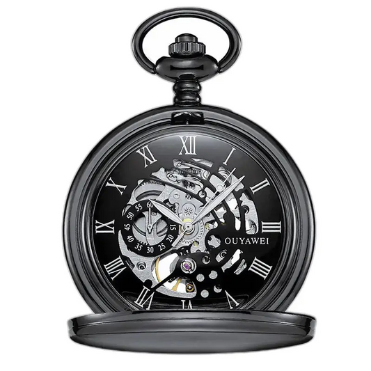 Montre à Gousset Mécanique Cadran Noir avec Chiffres Romains et squelette noir