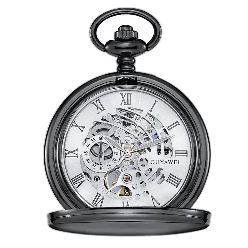 Montre à Gousset Mécanique avec cadran noir et chiffres romains, style noir élégant