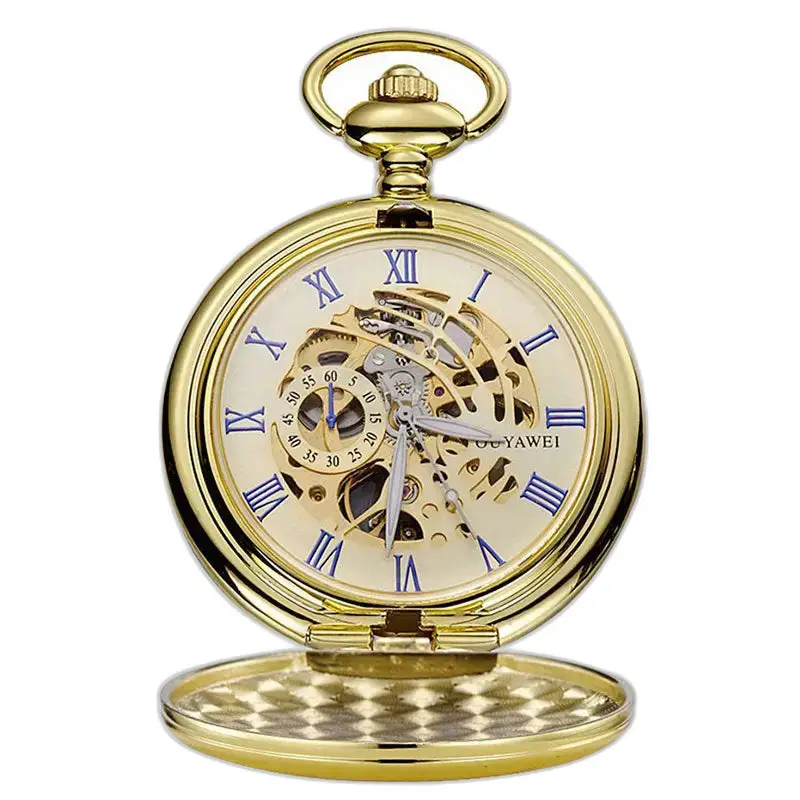 Montre à Gousset Mécanique Cadran Noir Chiffres Romains en or avec mécanisme visible