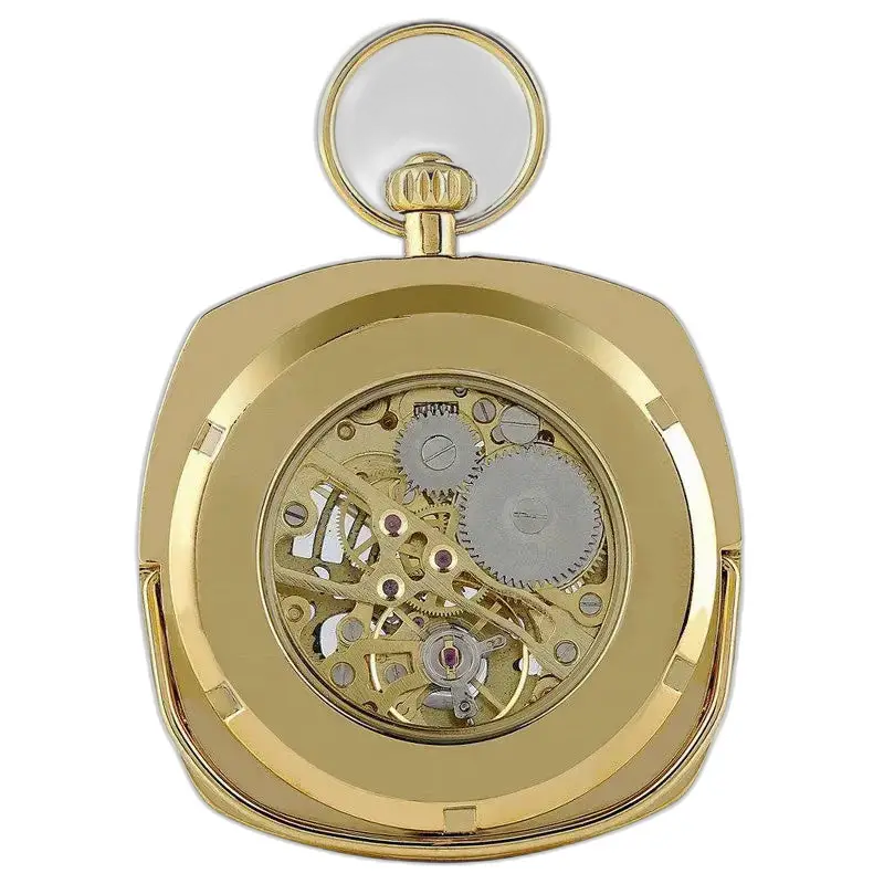 Montre à gousset dorée avec cadran ouvert et mouvement mécanique élégant